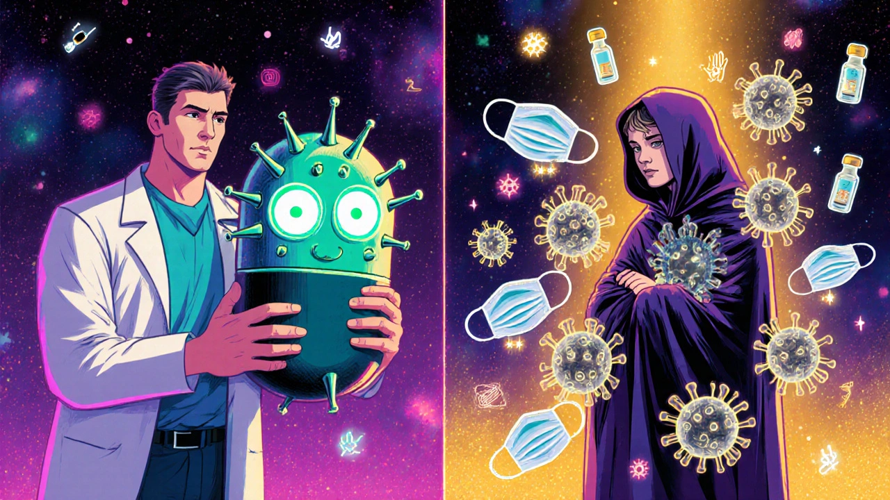 A doctor wielding an antibiotic pill against glowing bacteria, while viruses and vaccines float around a patient in a neon-lit scene.
