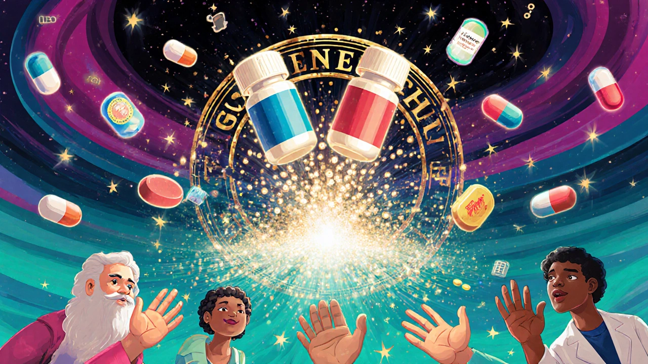 A glowing FDA seal as a portal showing brand and generic pills dissolving into matching molecular streams, with diverse patients catching the light.