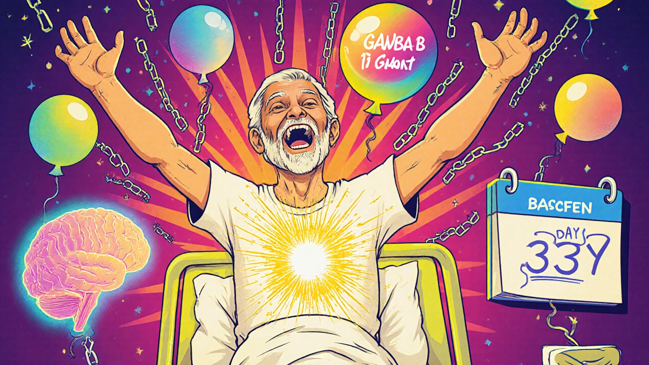 A joyful elderly man freed from hiccups, with chains breaking and a glowing baclofen pill radiating calm light.