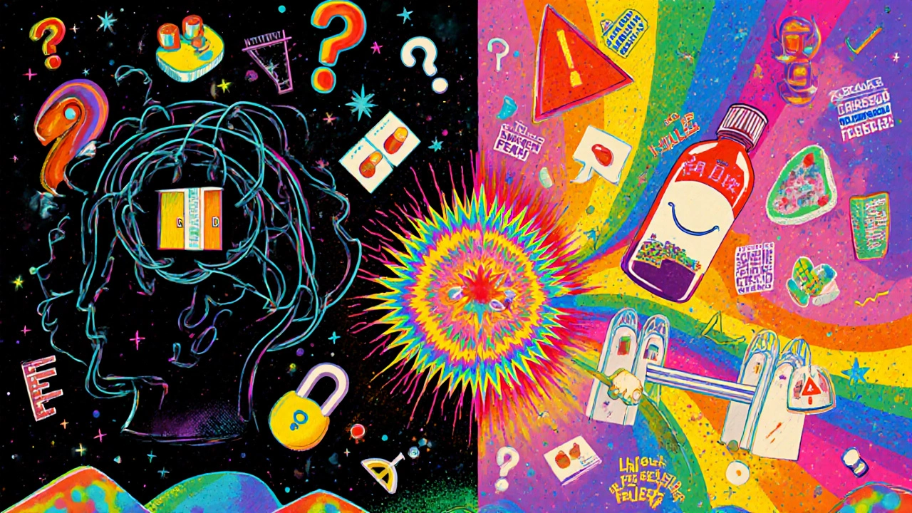 A patient’s mind transformed from dark fear to radiant clarity through an infographic bridge, with warning triangles and multilingual elements in psychedelic colors.