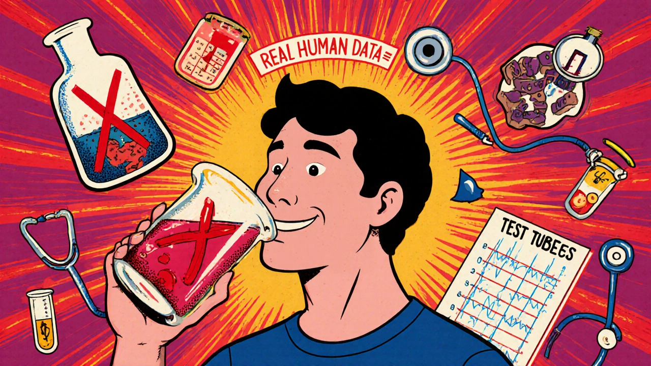 A person drinking pomegranate juice amid lab beakers with Xs and real-world medical icons in vibrant psychedelic style.