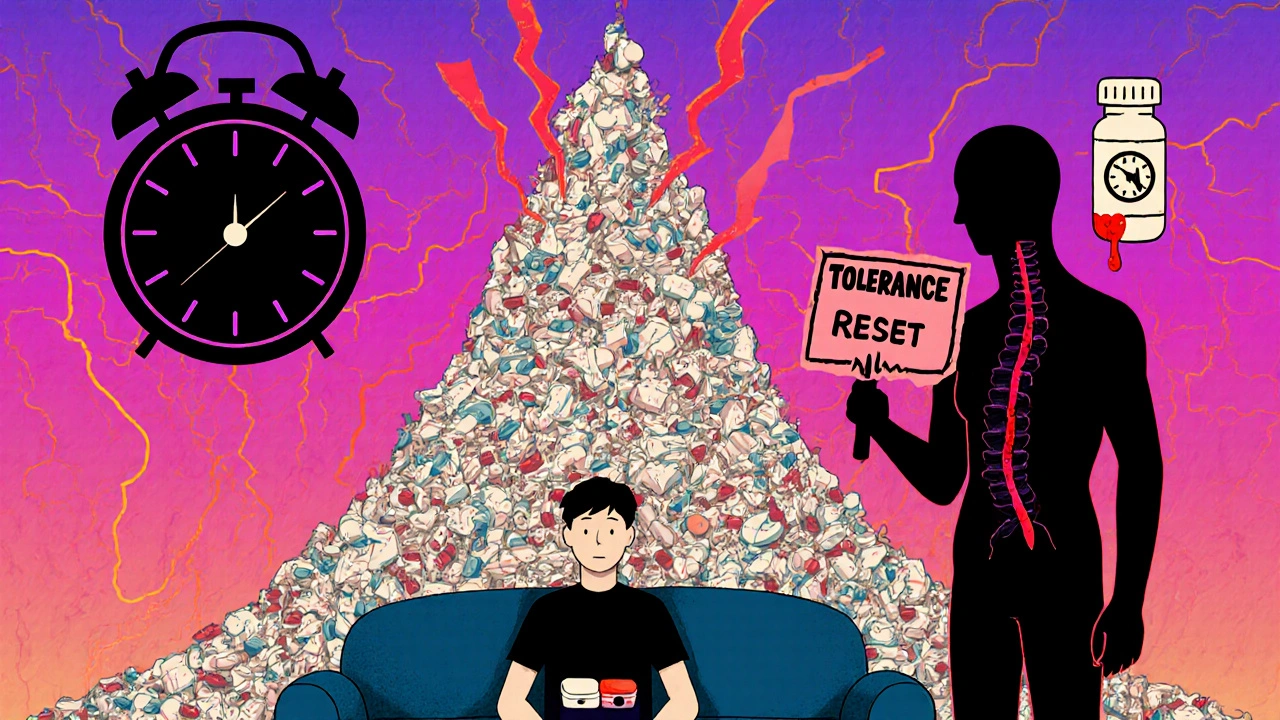 A person surrounded by a mountain of pills, their shadow showing a warning sign and inflammatory pathways.