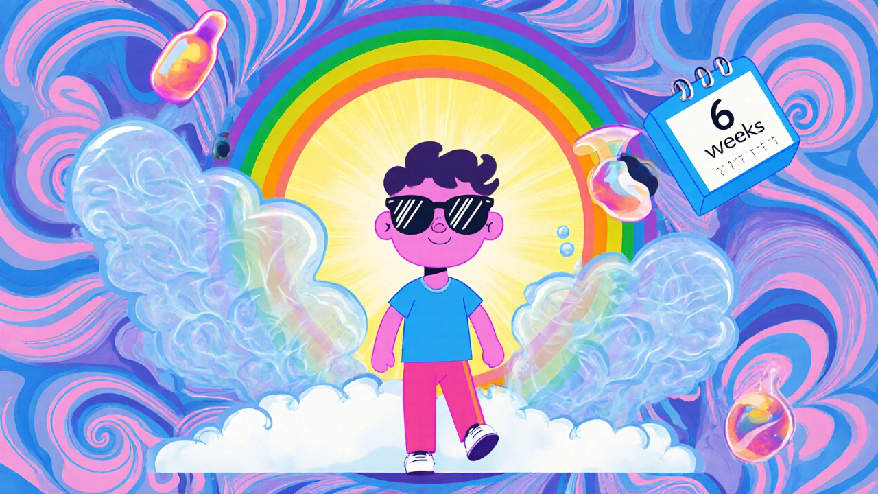 A person walking under a rainbow sun wearing sunglasses, with fading pterygium ghosts and floating eye drops symbolizing recovery.