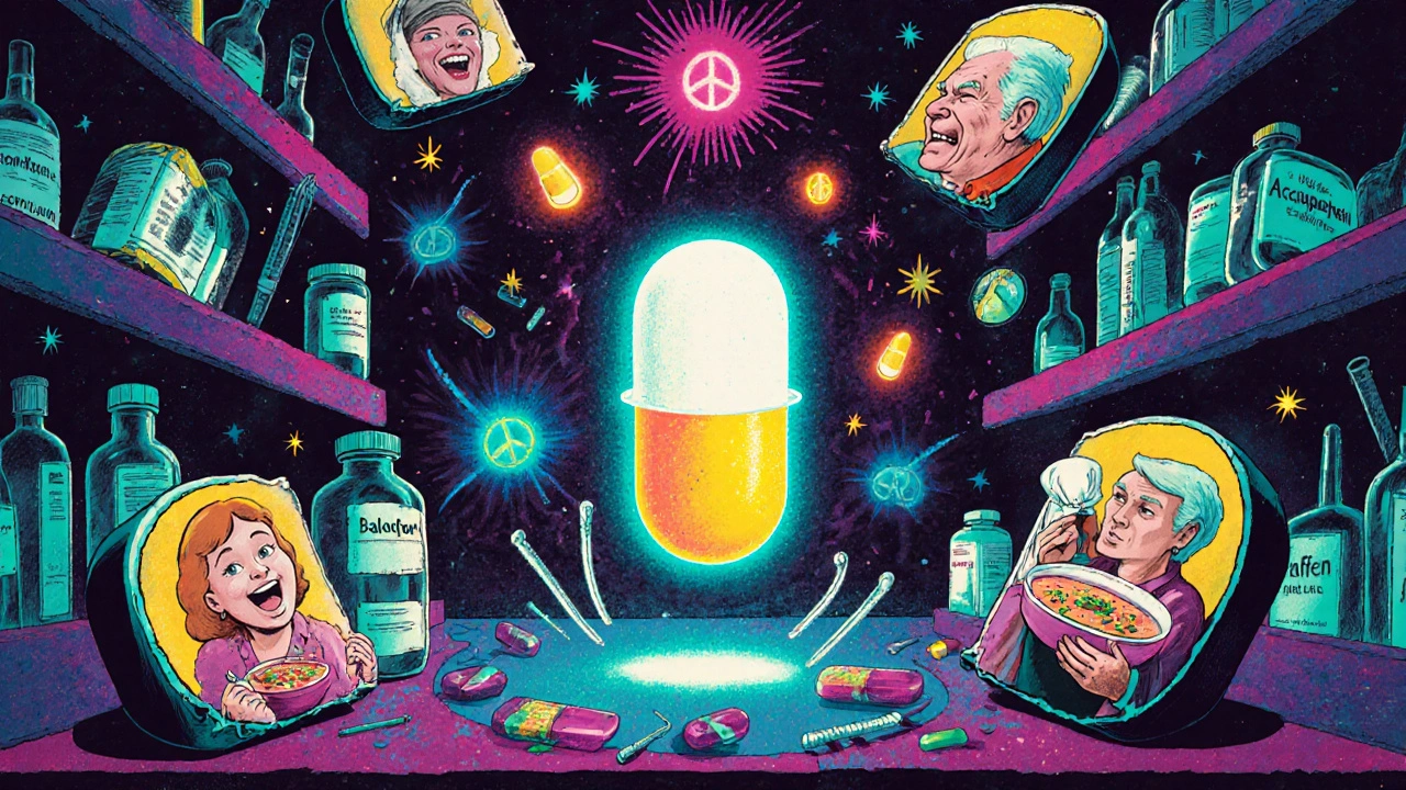 A psychedelic pharmacy shelf with failed remedies broken, while a glowing baclofen capsule pulses with healing waves.