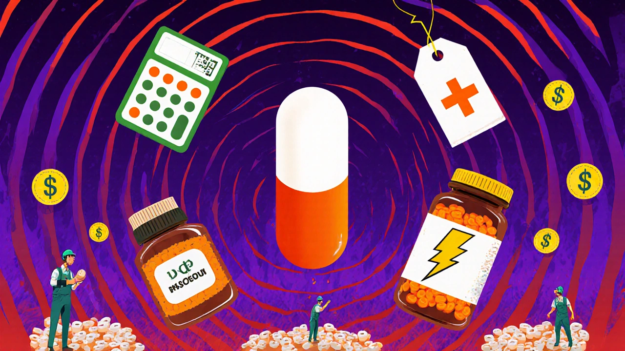 A single generic pill floats amid four pricing strategy icons in swirling neon colors with floating dollar signs.