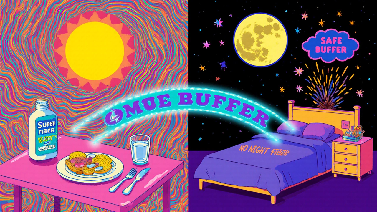 A split-day illustration showing safe timing between fiber and meds with a glowing 4-hour buffer.