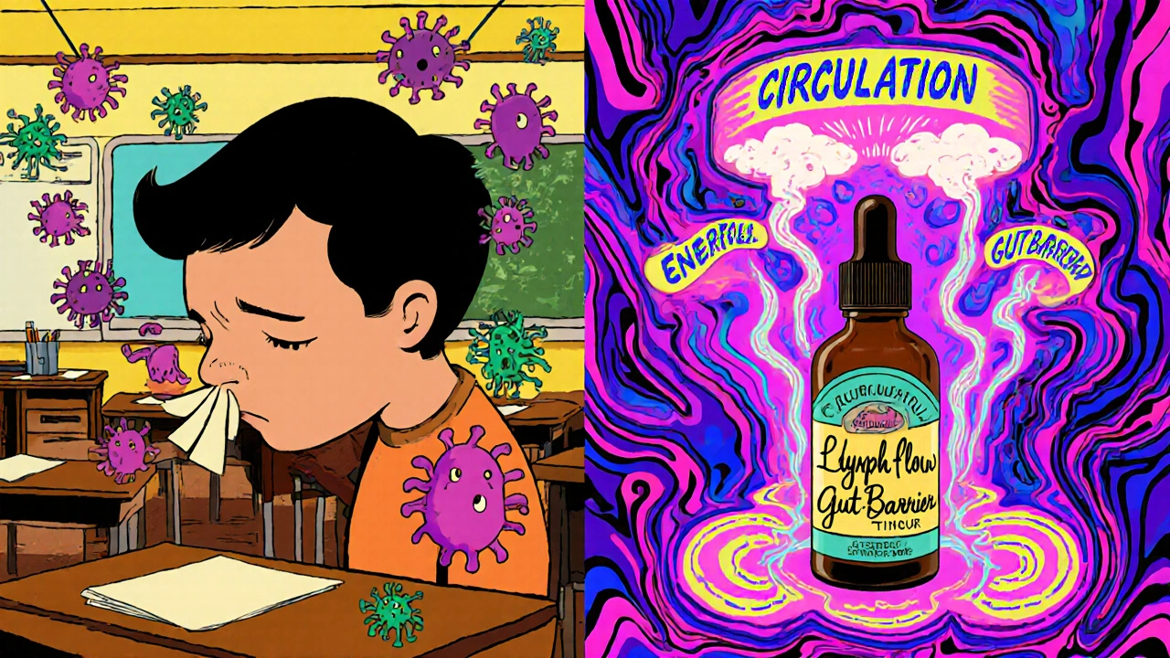 A split scene showing a tired person transformed into a vibrant, energized figure surrounded by glowing immune activity.