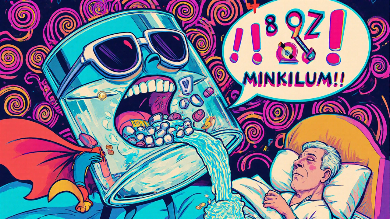 A superhero water glass pouring liquid to safely swallow fiber capsules with warning symbols fading away.