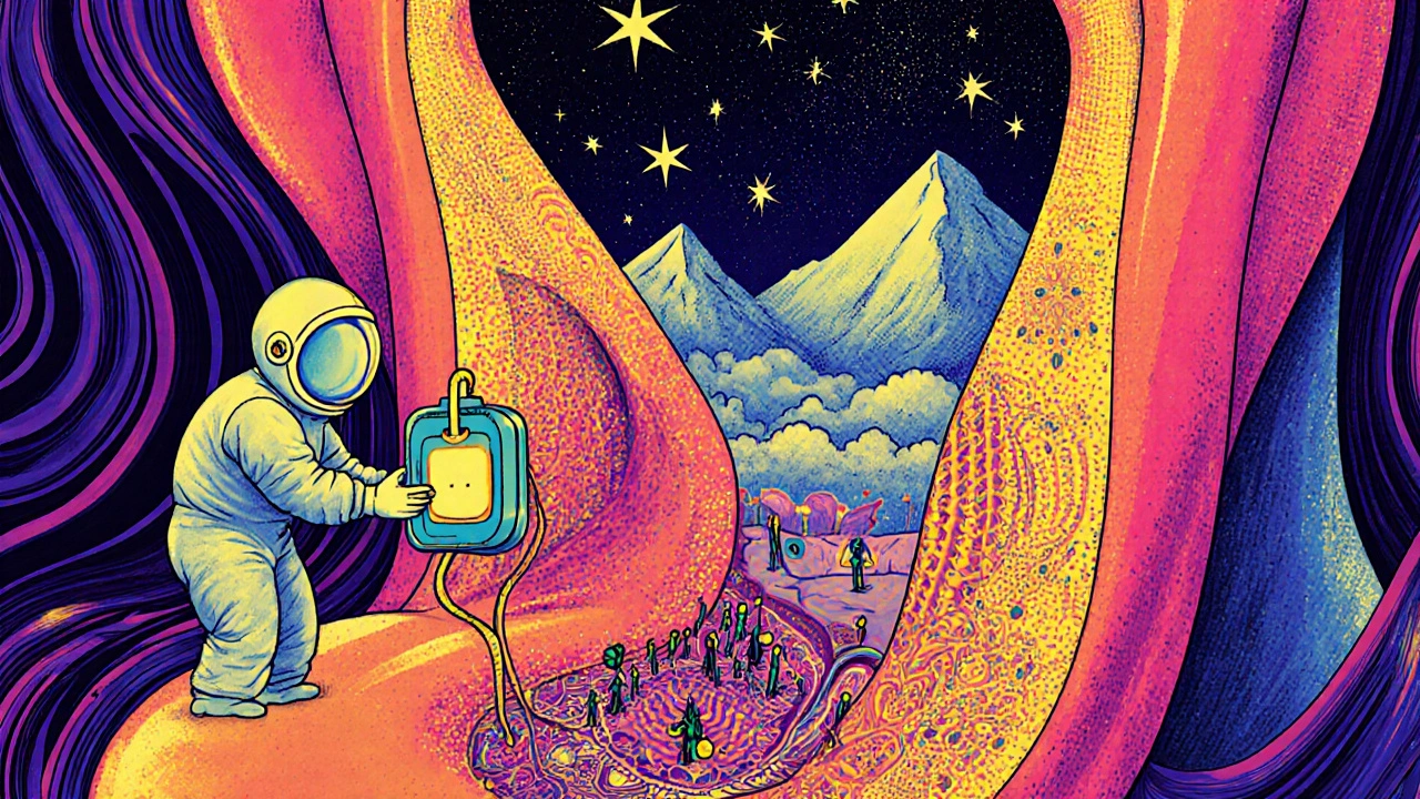 A surreal medical dream with a glowing device being implanted as a giant tongue opens to a starry sky, in psychedelic 70s style.