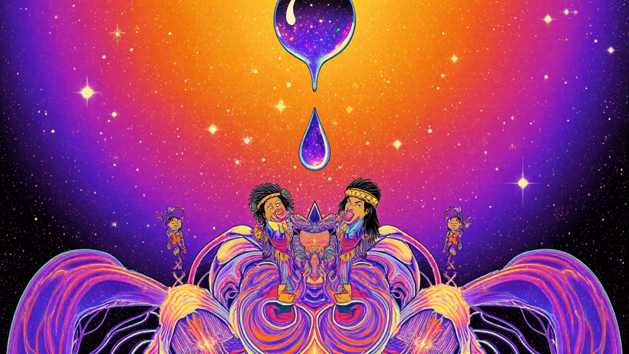 A tincture droplet exploding into molecular galaxies with indigenous figures riding lymph currents through glowing veins.