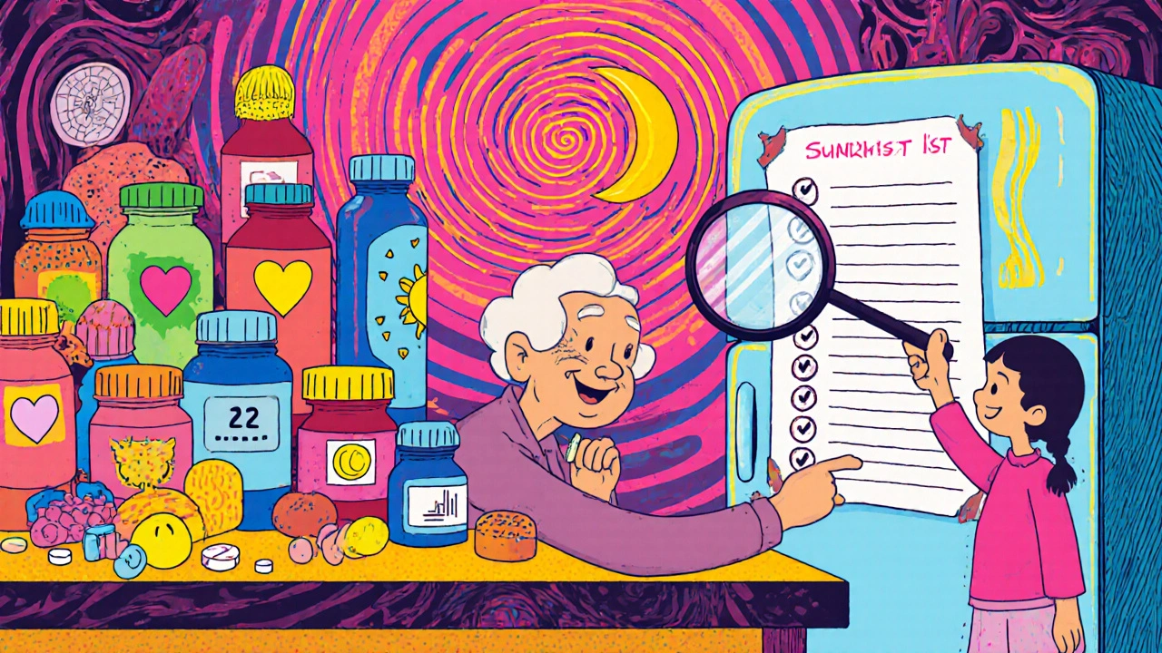 An elderly person at a kitchen table surrounded by colorful pill bottles and a list taped to the fridge, with family and pharmacist nearby.