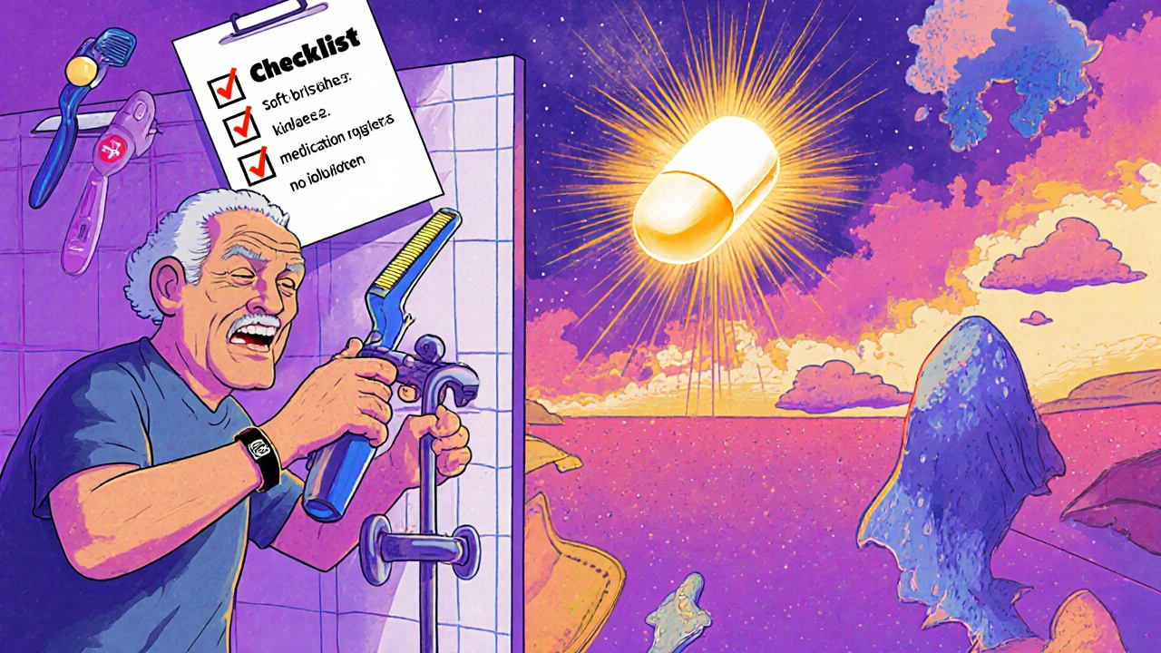 An elderly person safely at home with medical alerts and precautions, bathed in protective light from a glowing anticoagulant pill.