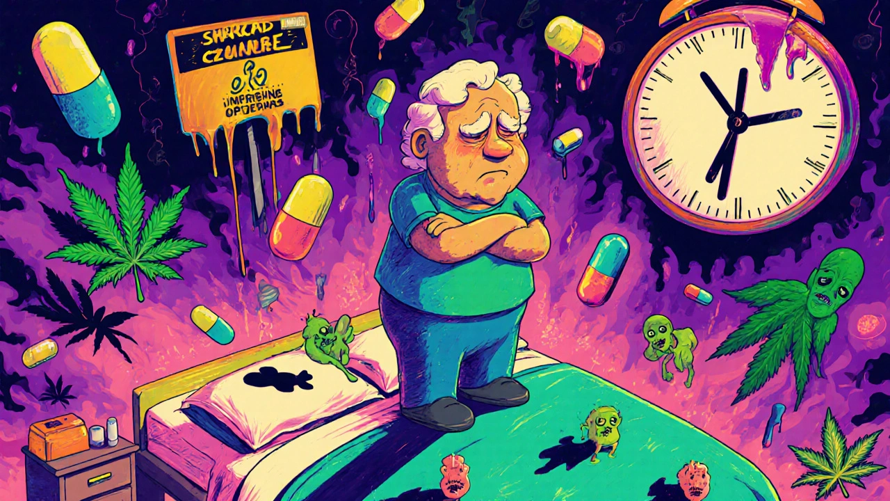 An elderly person surrounded by floating pills and cannabis gummies, casting drowsy zombie shadows.