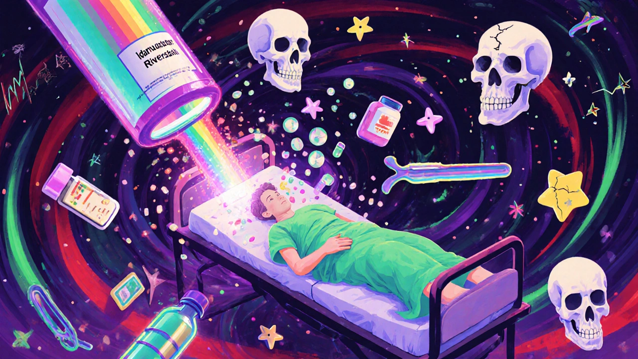 An emergency scene with a reversal drug beam neutralizing anticoagulants, surrounded by icons of risks like falls and NSAIDs.