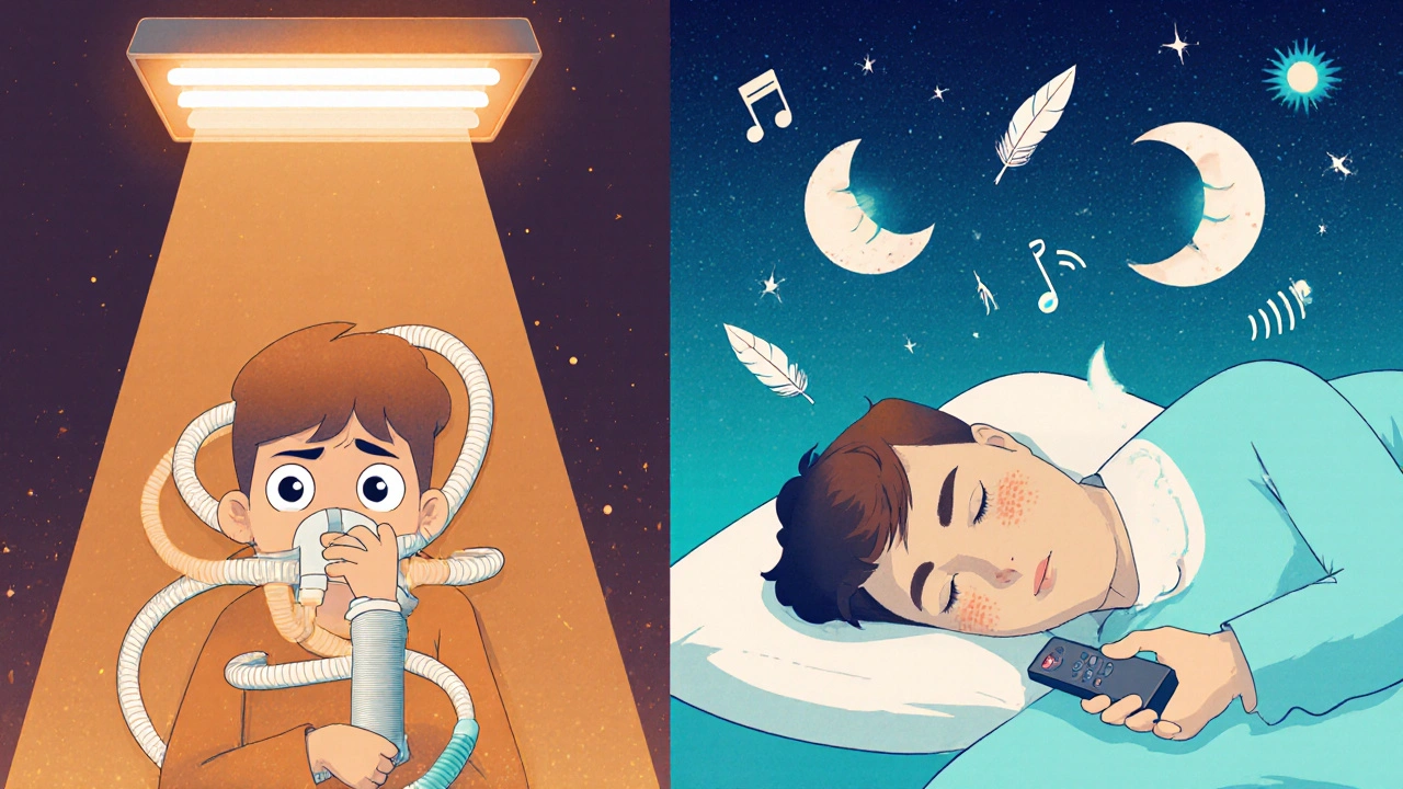 Contrasting scenes of CPAP frustration and peaceful sleep with an implant, rendered in vibrant psychedelic poster art style.