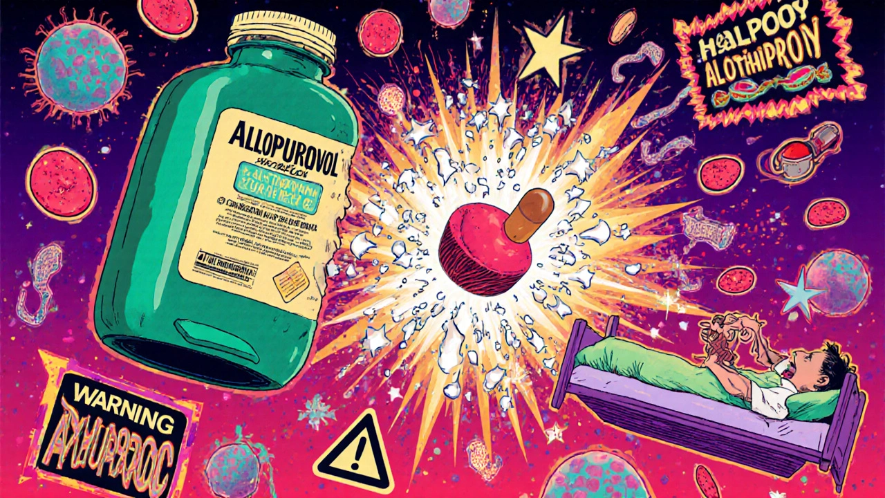 Dramatic scene of allopurinol causing toxic explosion of white blood cells when mixed with azathioprine.