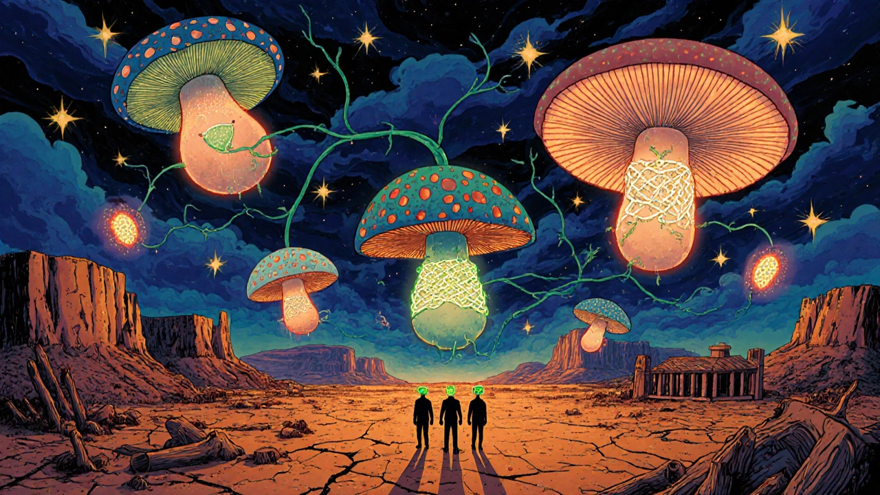 Fungal spores drifting from American soil into the sky as workers and vulnerable people stand below, protected by glowing masks.