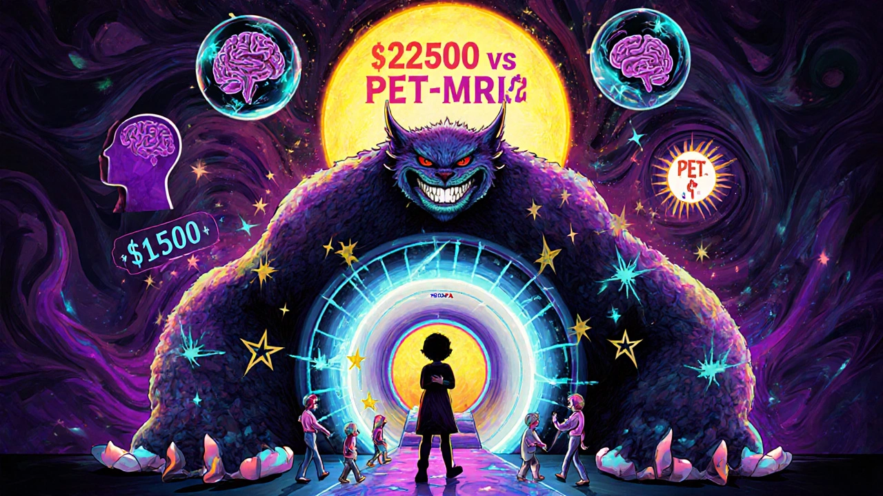 Hybrid PET-MRI creature cradling a child, emitting accuracy stars, with cost tags and AI icons in fractal patterns.