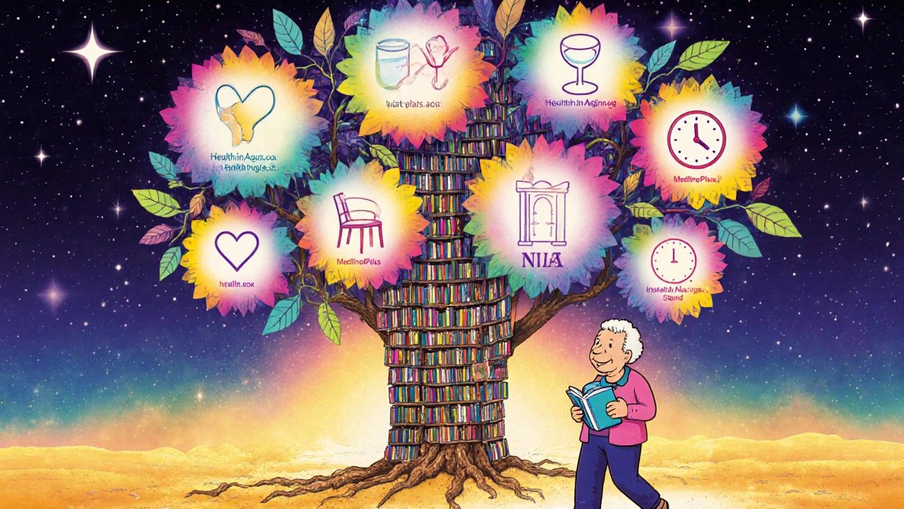 Medical books crumbling into dust, replaced by a symbolic tree of health resources under a smiling senior.