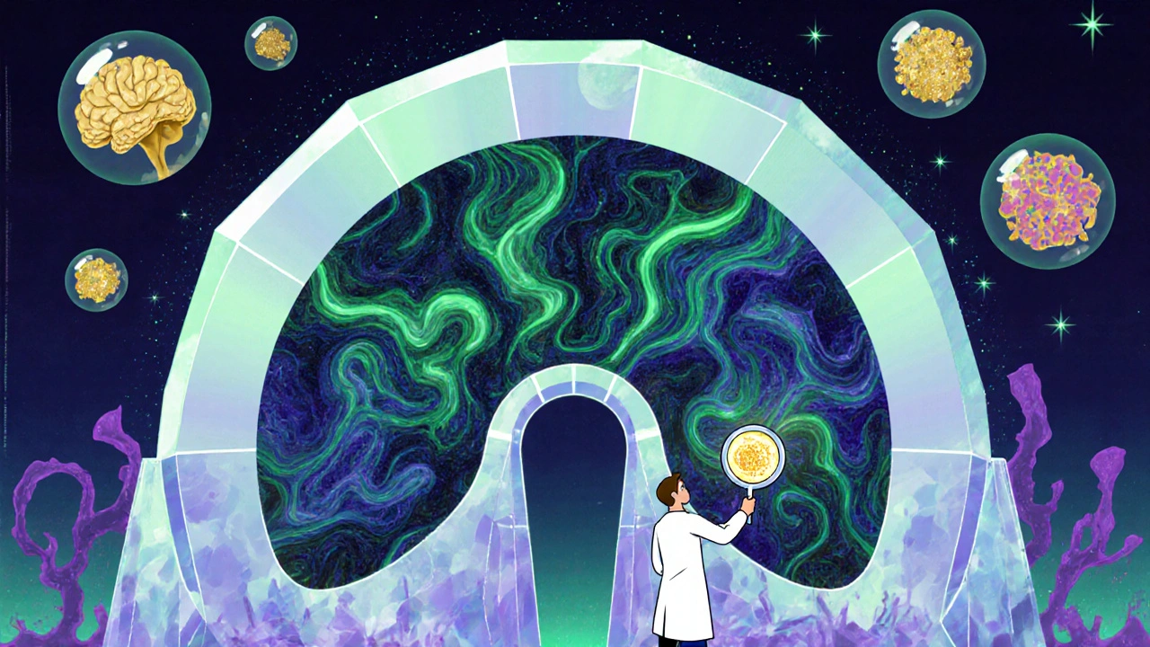 MRI machine as a crystal cathedral revealing hidden tumors with magnetic waves in emerald and indigo spirals.