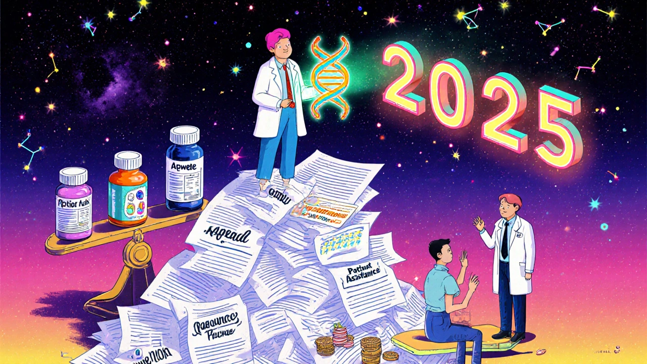 Patient atop paperwork mountain holding a glowing DNA helix, with doctor and insurance agent arguing over pills below.