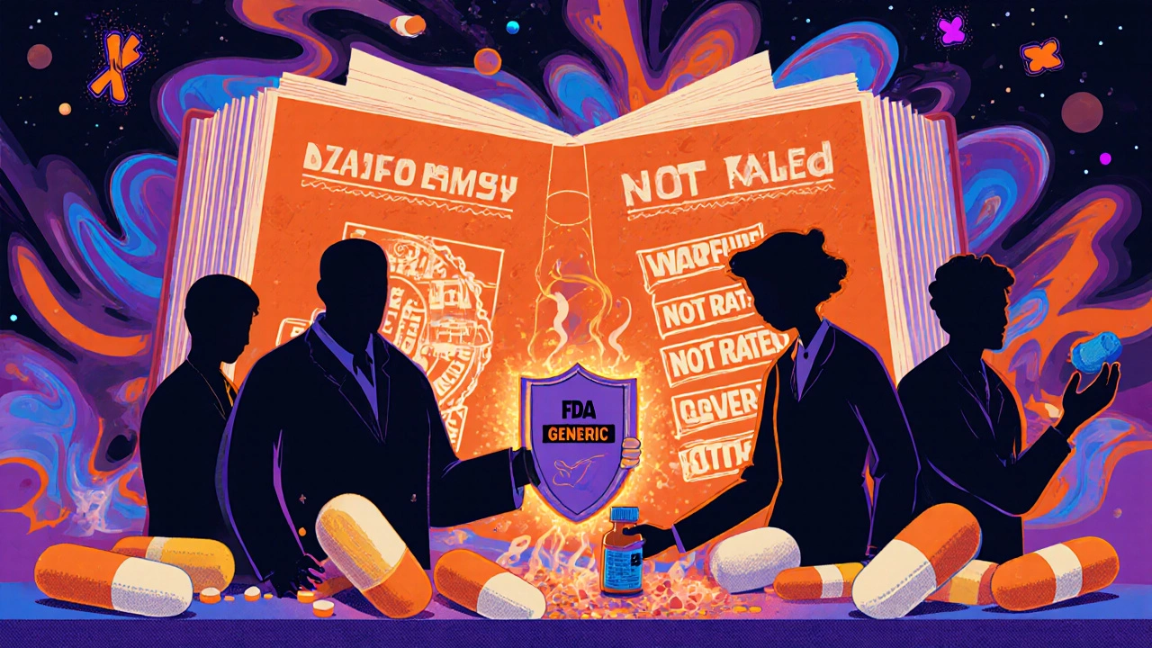 Pharmacist handing a shield-shaped brand pill bottle while generic pills dissolve into smoke, with FDA Orange Book in background.