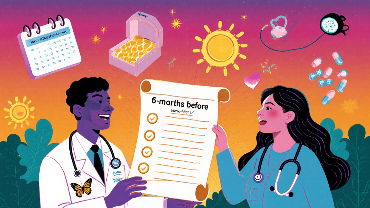 Rheumatologist and maternal specialist handing a preconception plan to a woman, with folic acid suns and breastfeeding mother in psychedelic art style.