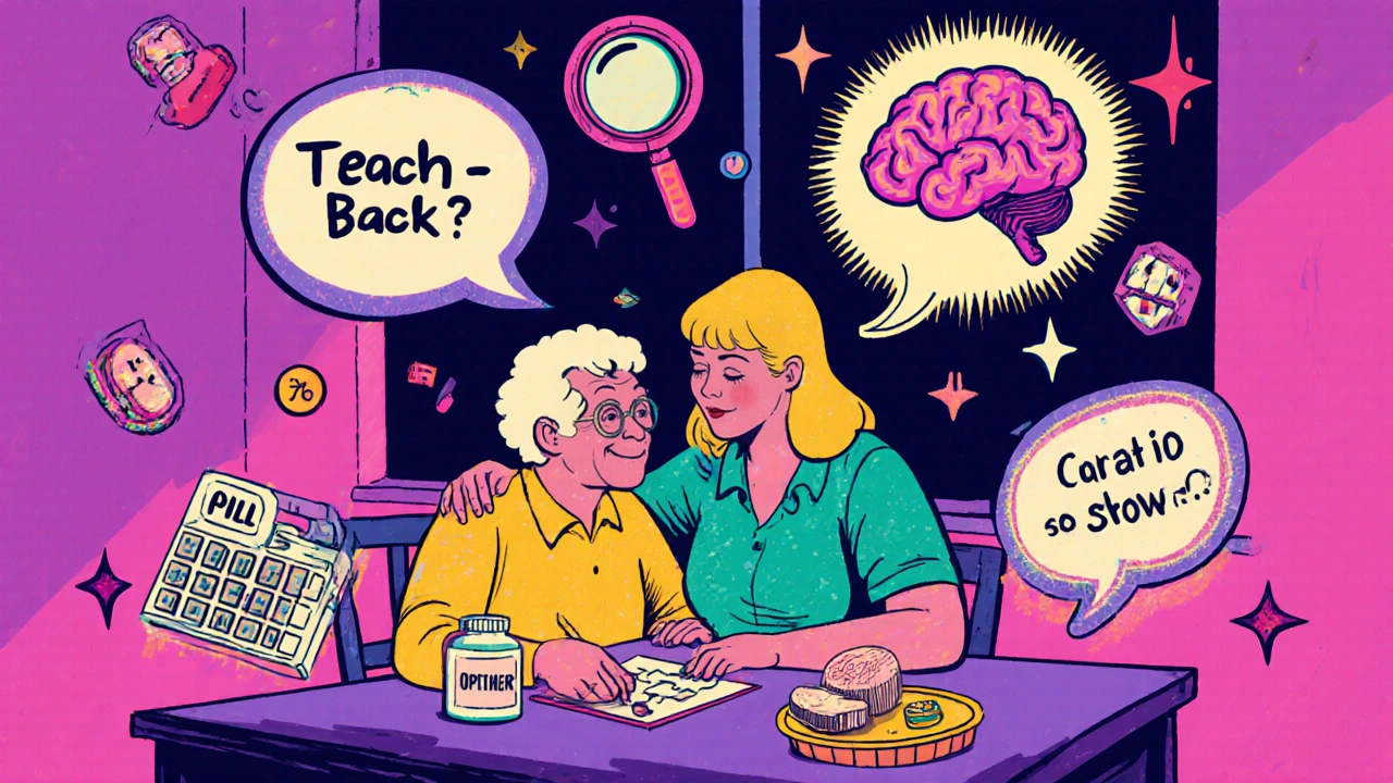 Senior and caregiver at kitchen table with floating health icons and a glowing teach-back symbol above them.