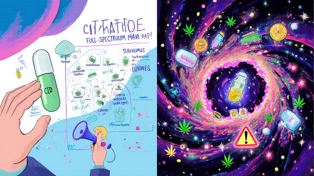 Split image: clean CBD isolate vs chaotic full-spectrum oil disrupting medications in a glowing bloodstream.