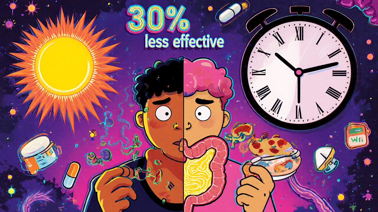 Split-image of mycophenolate absorption: effective on empty stomach vs. failed absorption with food and antacids.
