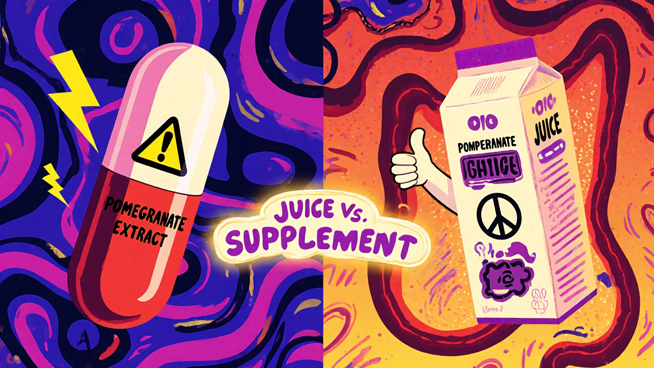 Split image: pomegranate extract with warnings on one side, juice with a thumbs-up on the other, connected by a glowing bridge.