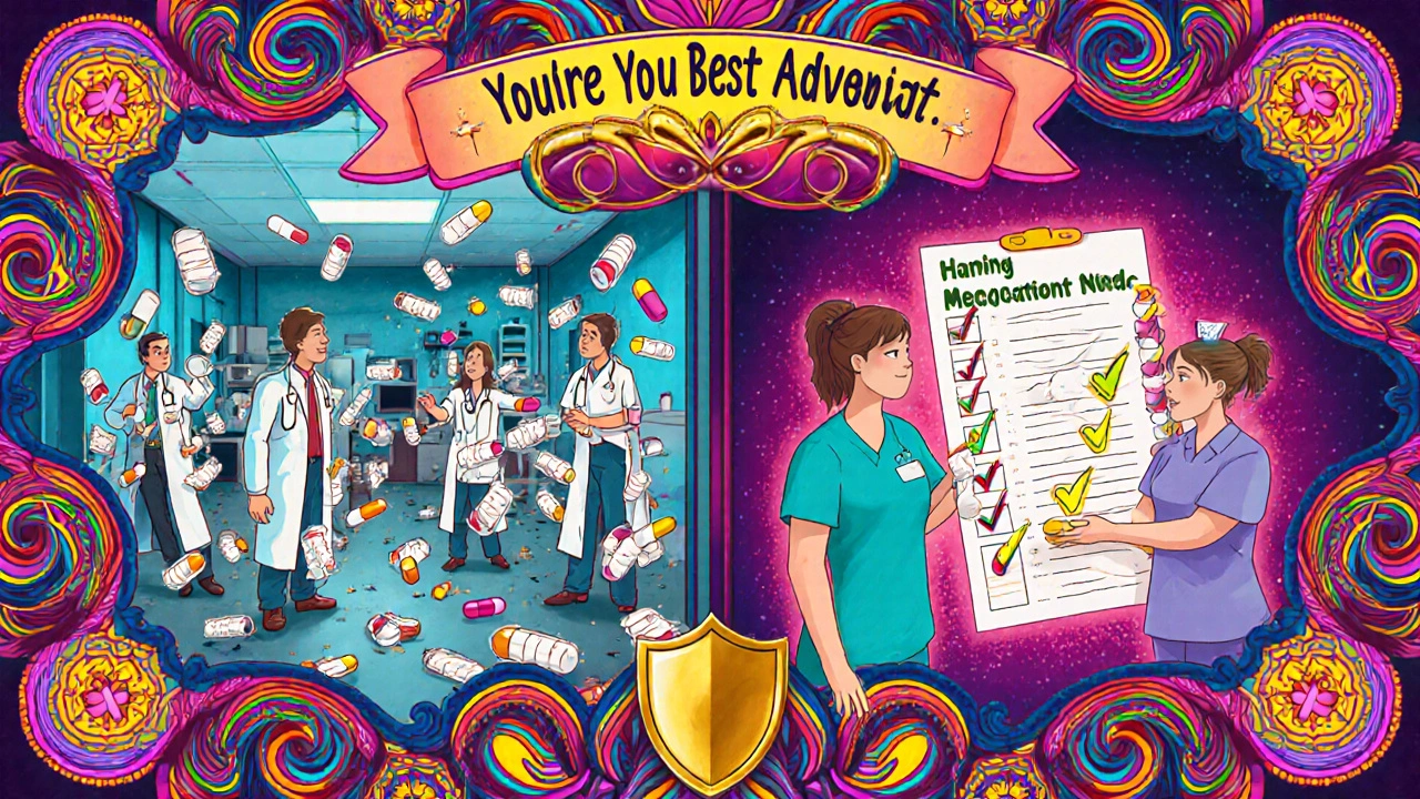 Split scene: chaotic ER on one side, calm patient handing a rainbow medication list to a nurse on the other, with safety symbols.