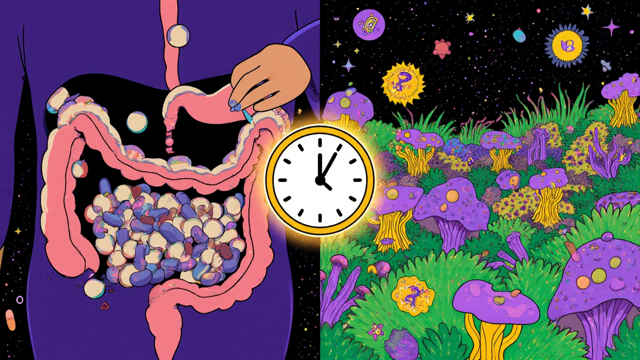 Split scene: collapsed gut vs thriving microbiome, with a glowing &#039;2 HOURS&#039; clock between them, vibrant microbial garden.
