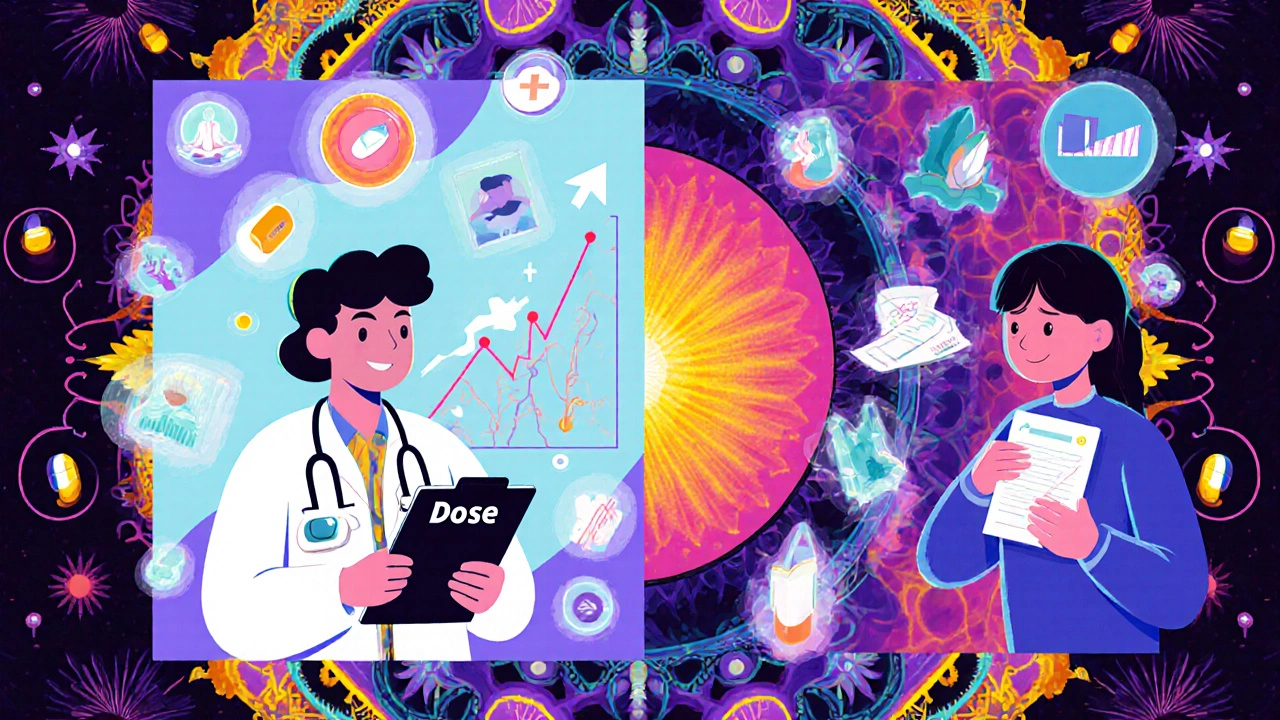 Split scene: doctor with rising dose graph vs. person with naloxone and non-opioid alternatives in glowing crystals.