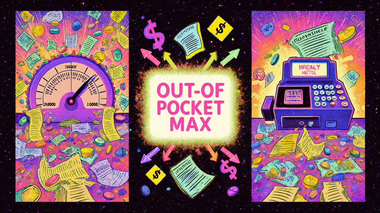 Three surreal pharmacy counters show different health plan structures with floating pills and dollar signs in psychedelic colors