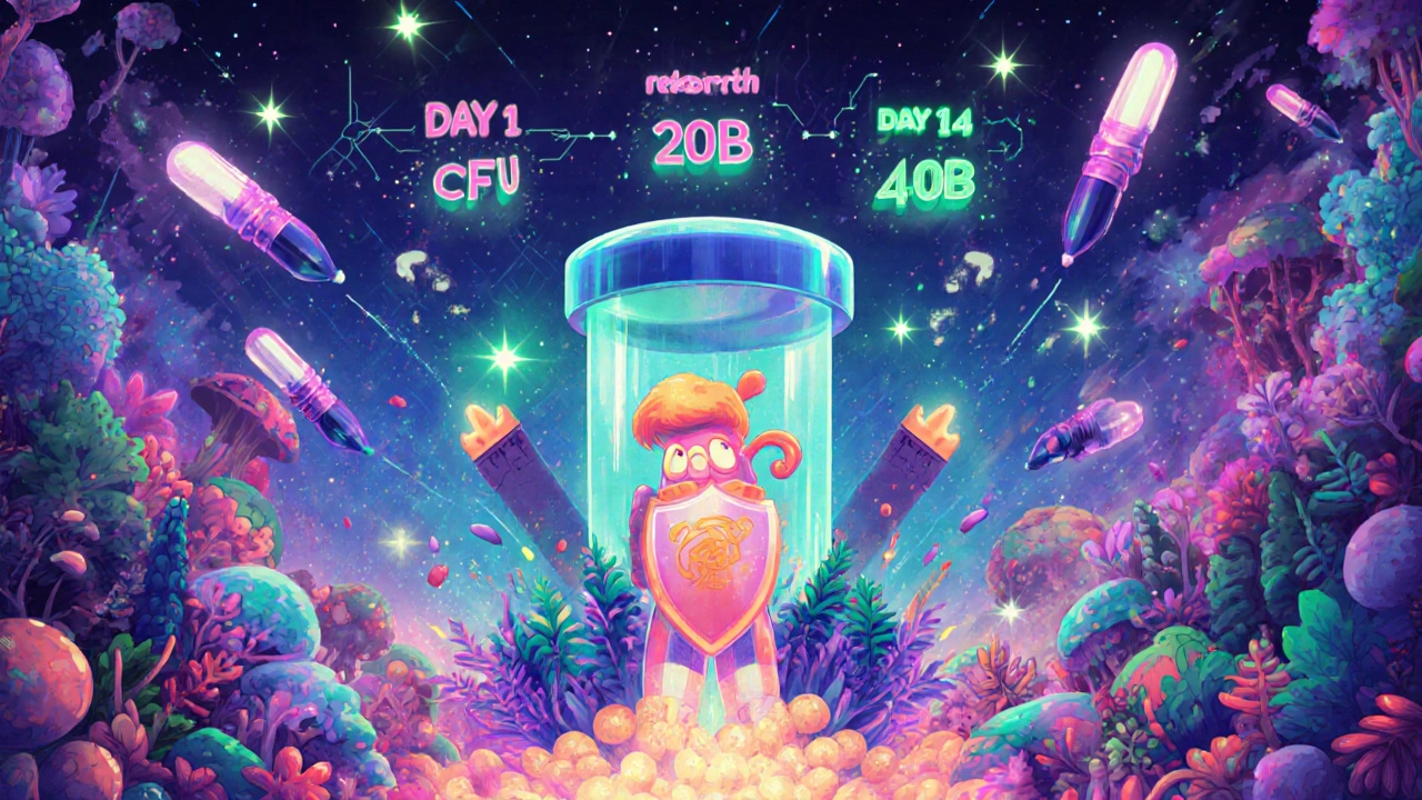 Time-release probiotic capsule shielding yeast warrior from antibiotic missiles, surrounded by gut recovery timeline and glowing CFU numbers.
