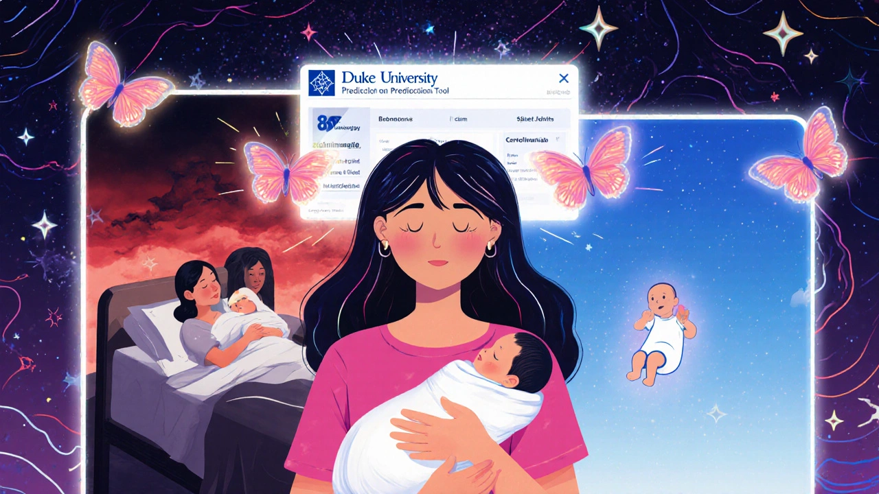 Woman holding newborn surrounded by biologic butterflies, contrasting past flare and present calm with prediction tool hologram in psychedelic style.