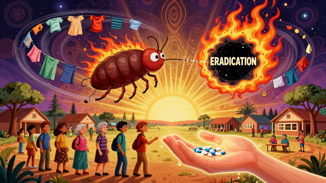 A community receiving treatment as parasites vanish into a black hole, with laundry swirling in a vortex.