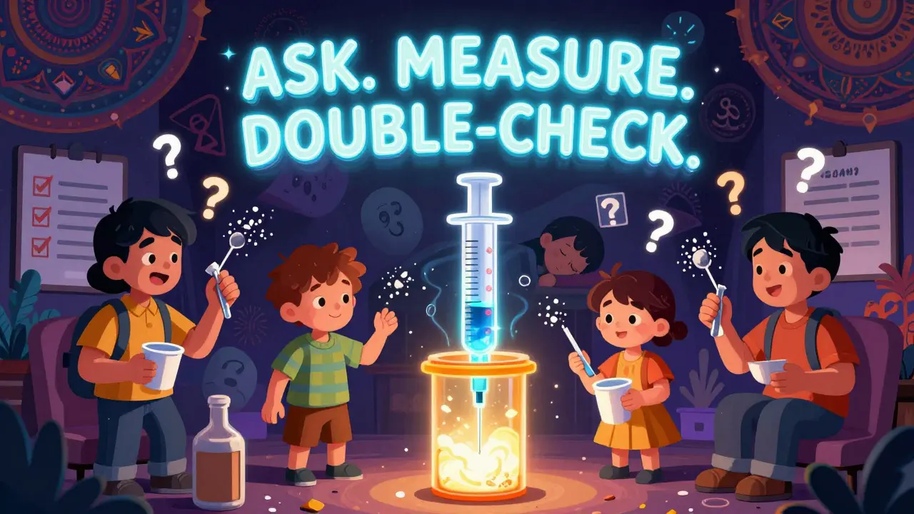 A family watches as wrong measuring tools crumble, while a radiant oral syringe glows with safety instructions in neon letters.