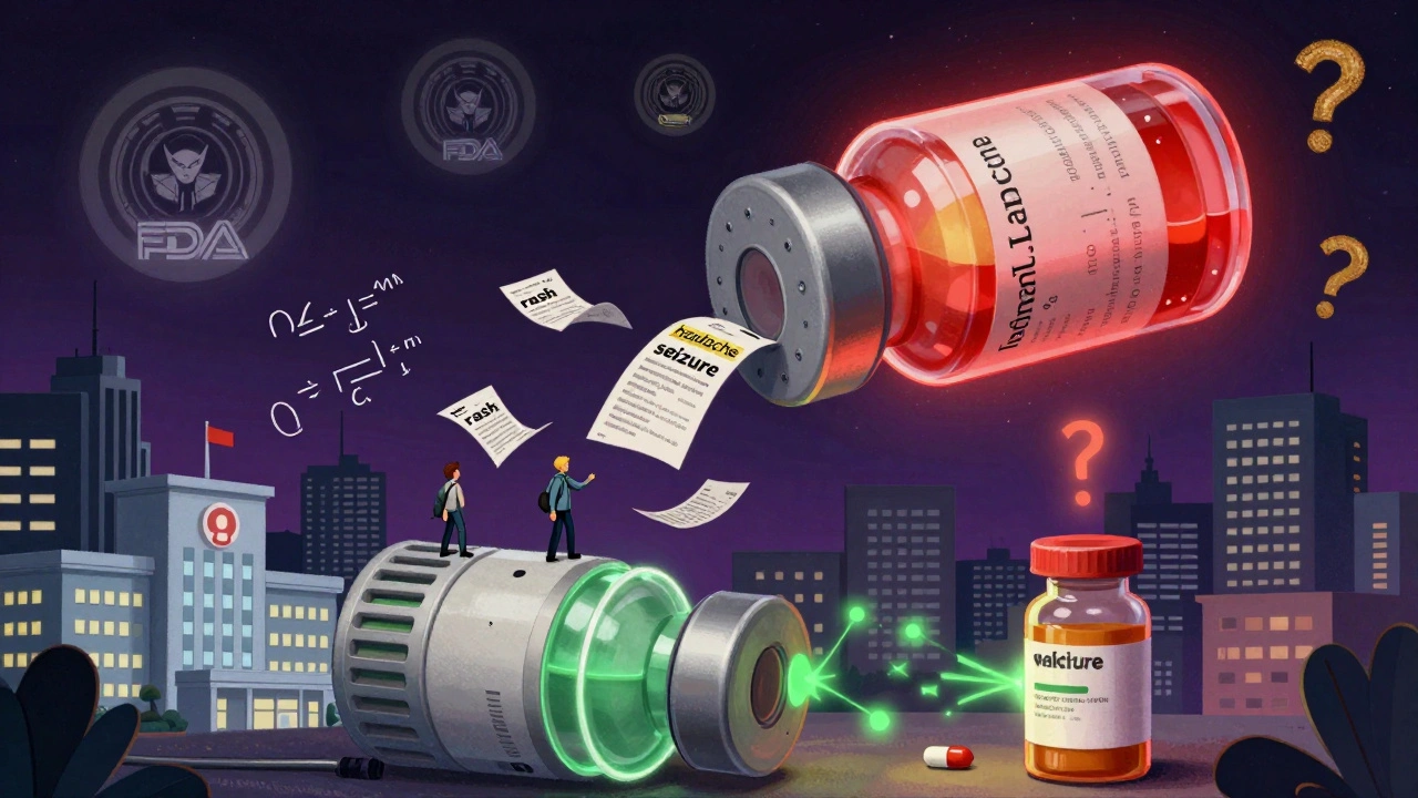 A giant vaccine-shaped smoke detector collecting reports while pill bottles emit green signals