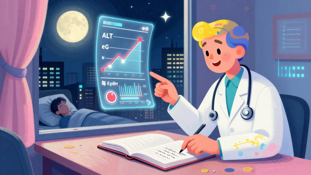 A hand writing symptoms in a journal while holographic blood test results float above, with a data-stream doctor guiding the pattern under a moonlit window.