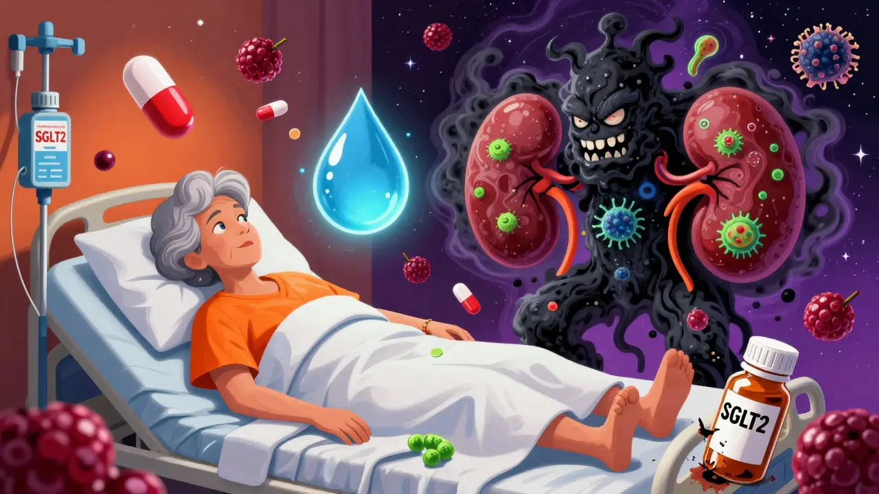 A heroic water droplet fights a kidney infection monster while a patient lies in bed surrounded by cranberry pills and broken medication.