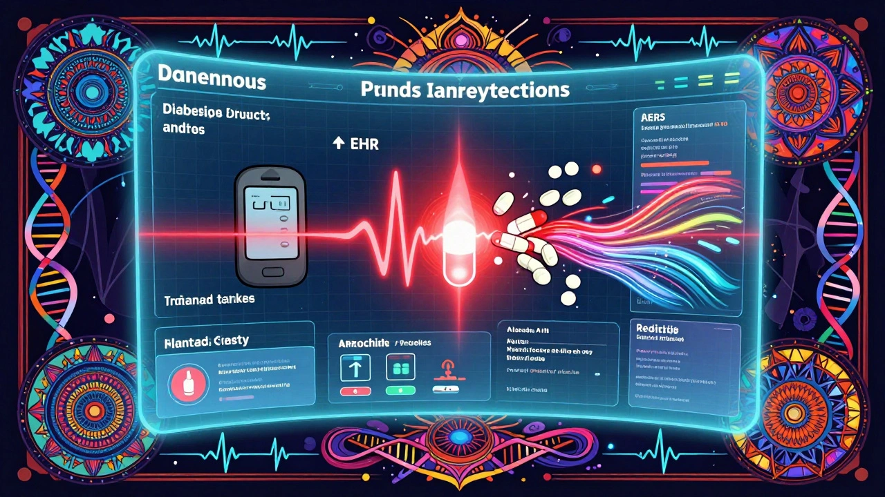 A holographic dashboard detects dangerous drug interactions with glowing data streams.