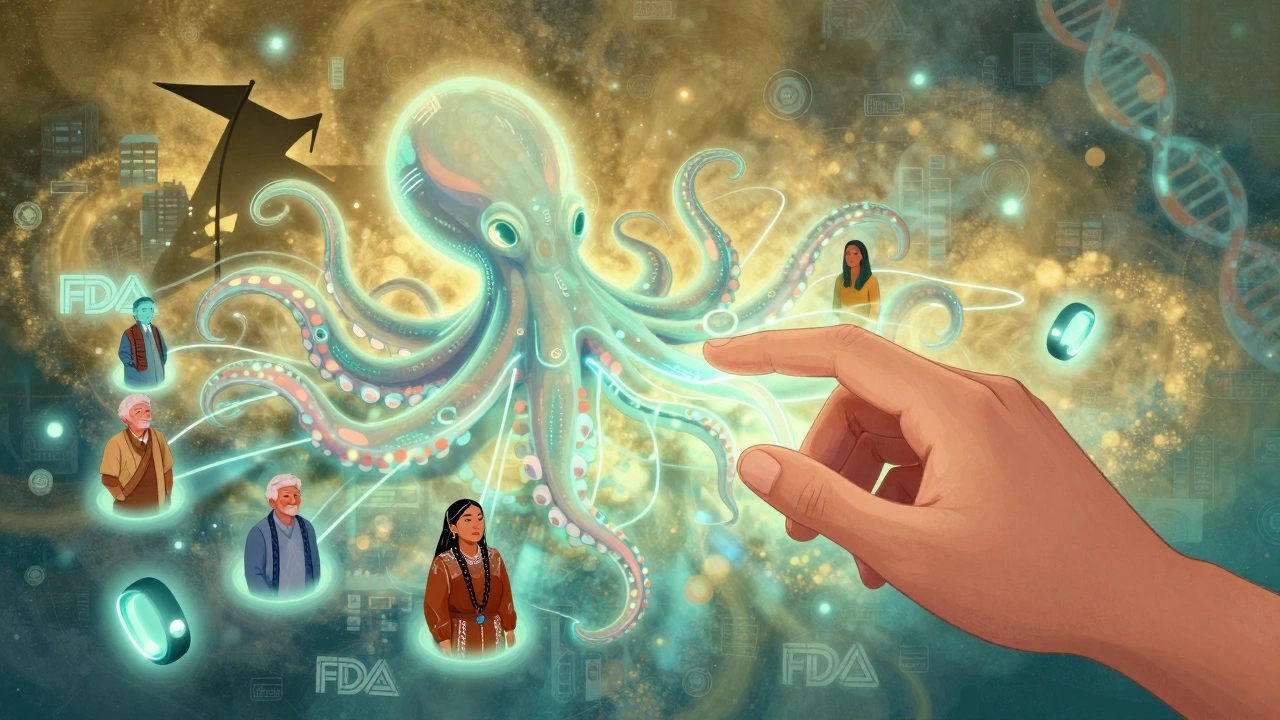 A human hand guides an AI octopus connecting diverse patients while revealing hidden risks.