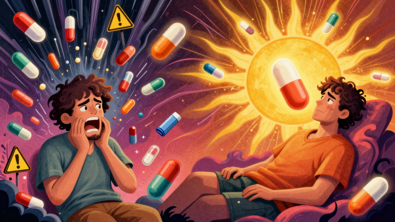 A patient on the left struggles with chaotic generic pills; on the right, they relax beside a glowing authorized generic pill with calming golden light.