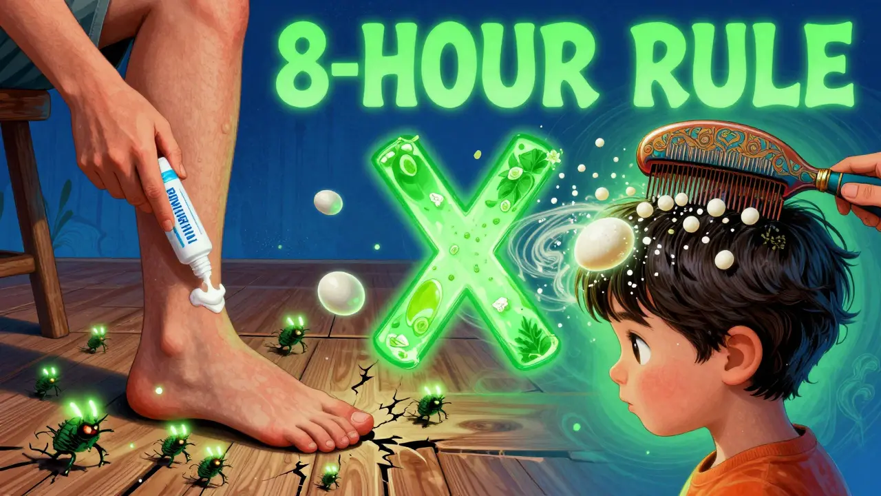 A person applying scabies cream while lice and mites flee, with a giant comb removing nits from hair.