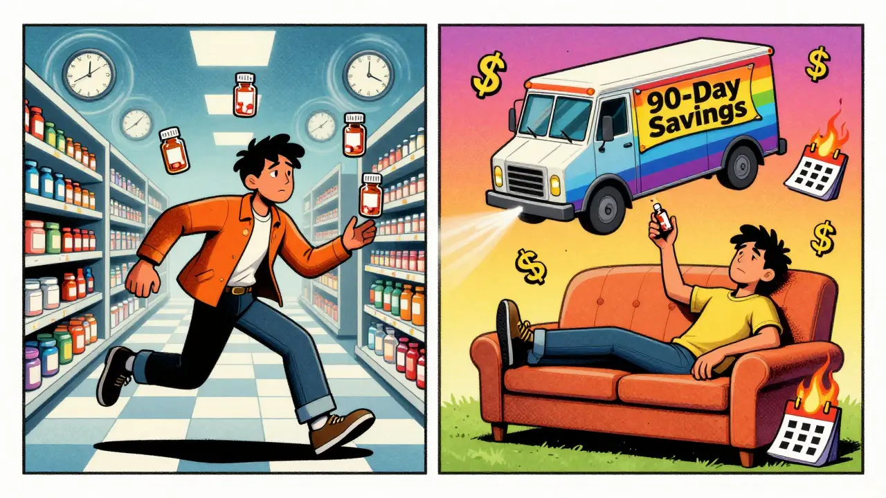A person comparing chaotic 30-day refills to a calm mail-delivered 90-day supply.