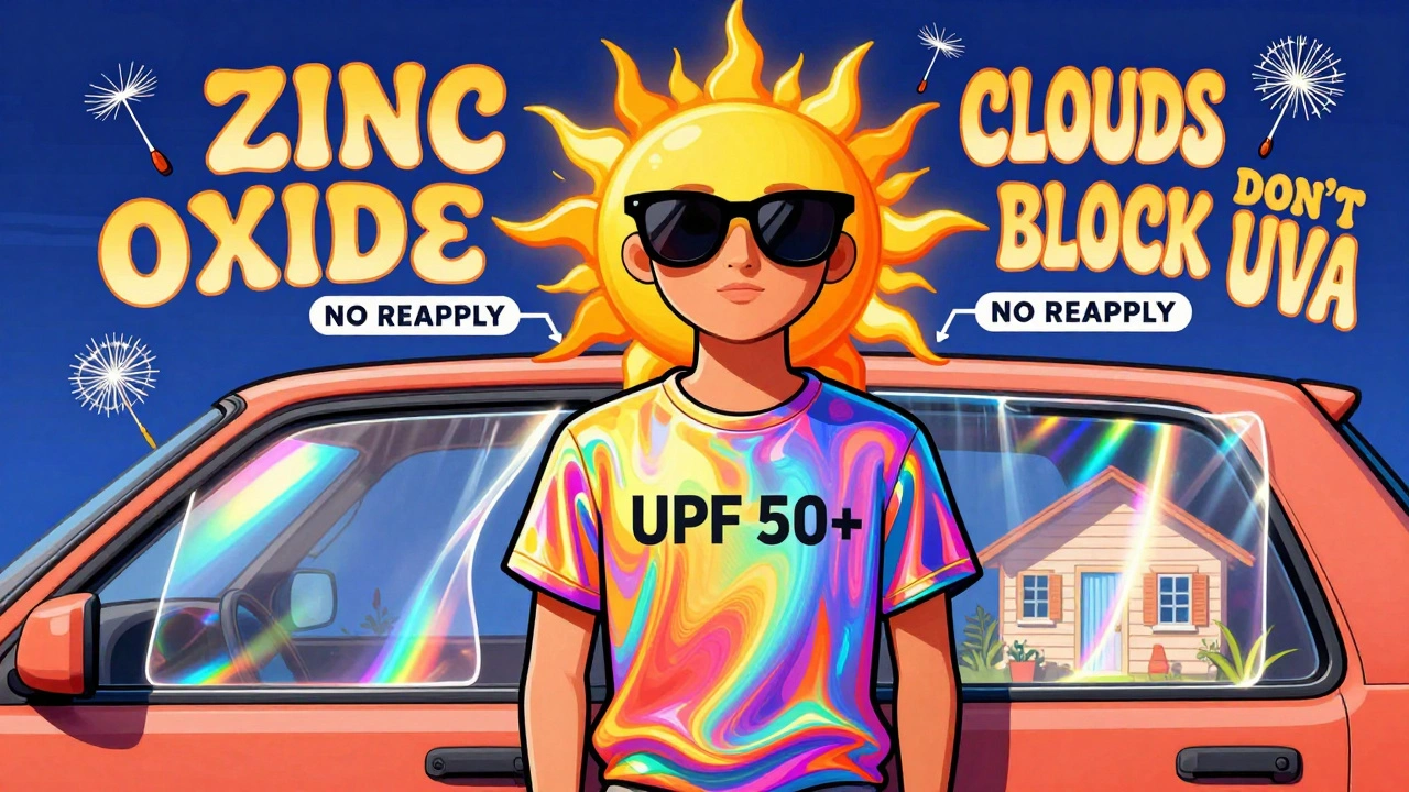 A person in shimmering sun-protective clothing stands under a smiling sun, with UV-blocking film refracting light into rainbows on windows.