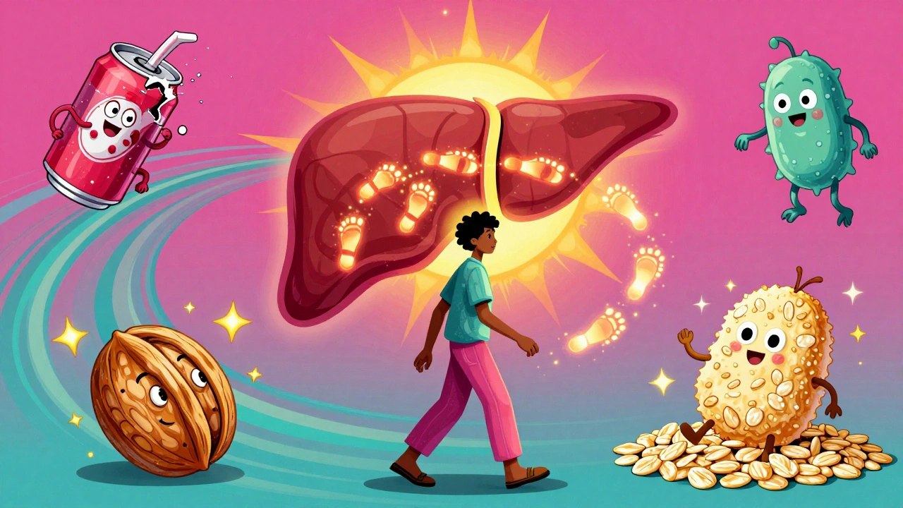 A person walking with glowing footprints forming a spiral into a sun-like liver, surrounded by healthy foods and toxic soda demons in vibrant retro colors.