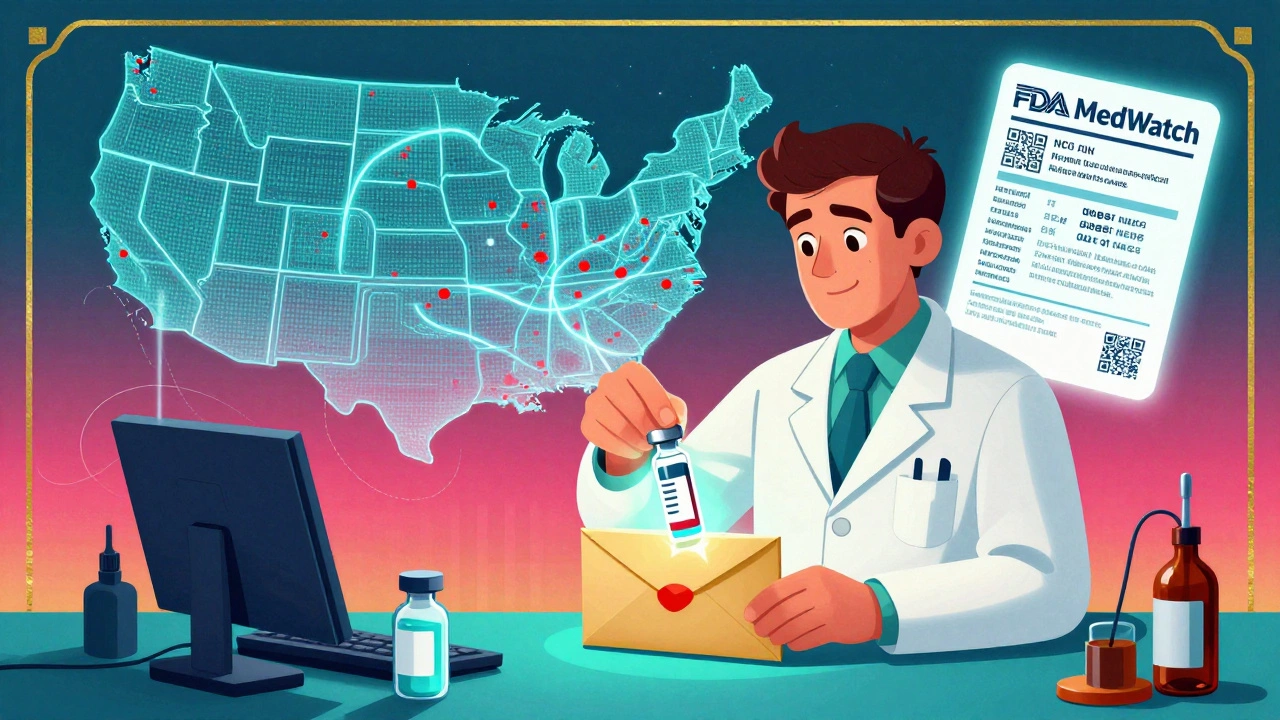 A pharmacist placing a counterfeit insulin bottle into an evidence envelope while a digital map glows with seized shipments.